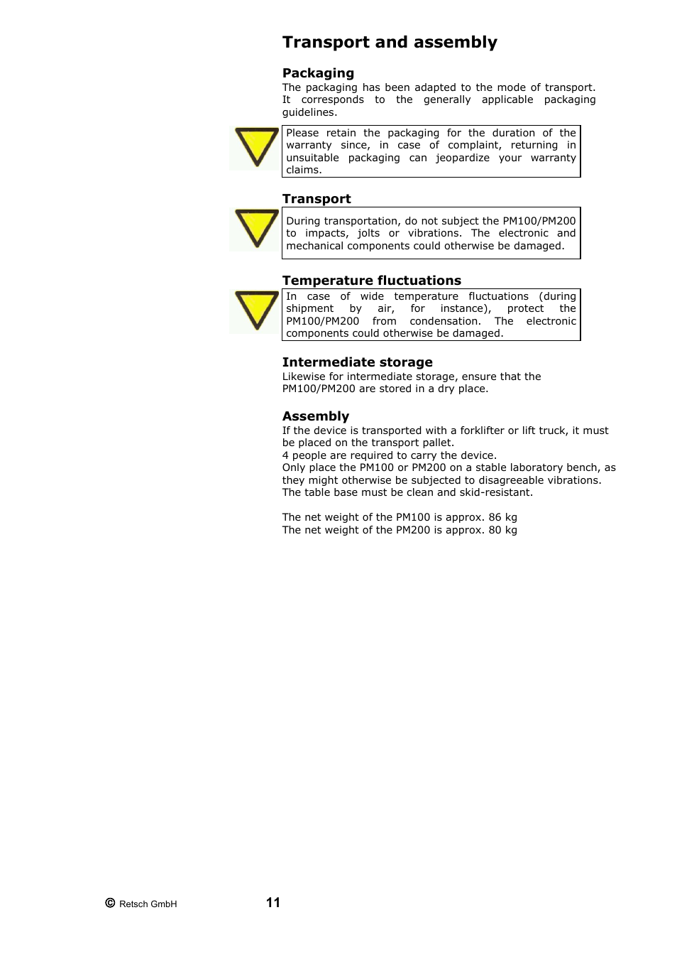 Transport and assembly, Packaging, Transport | Temperature fluctuations, Intermediate storage, Assembly | Retsch PM 200 User Manual | Page 11 / 44