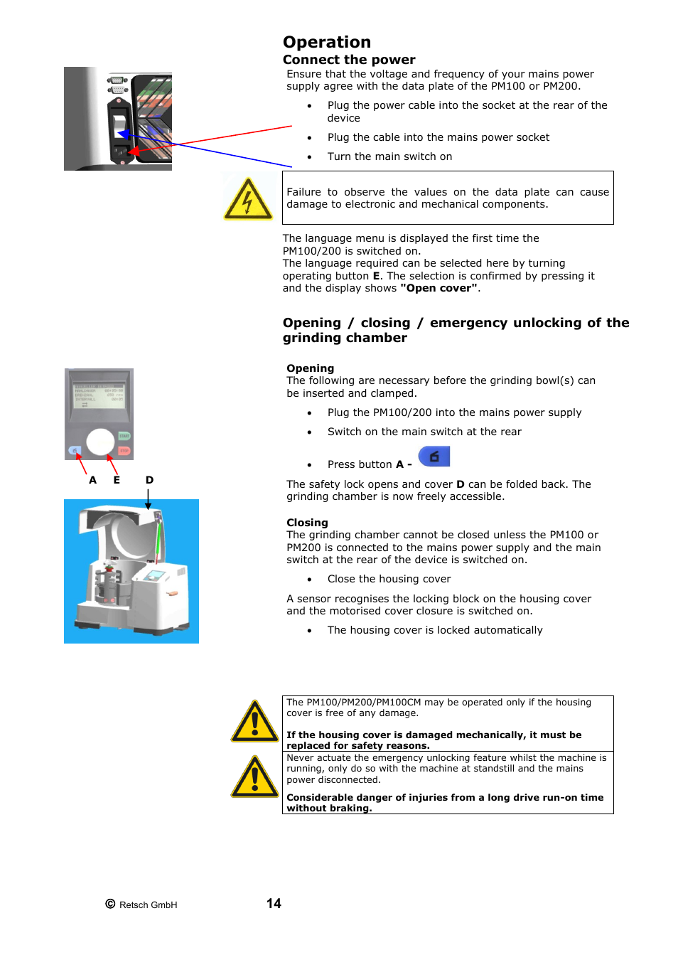 Operation, Connect the power | Retsch PM 200 User Manual | Page 14 / 44