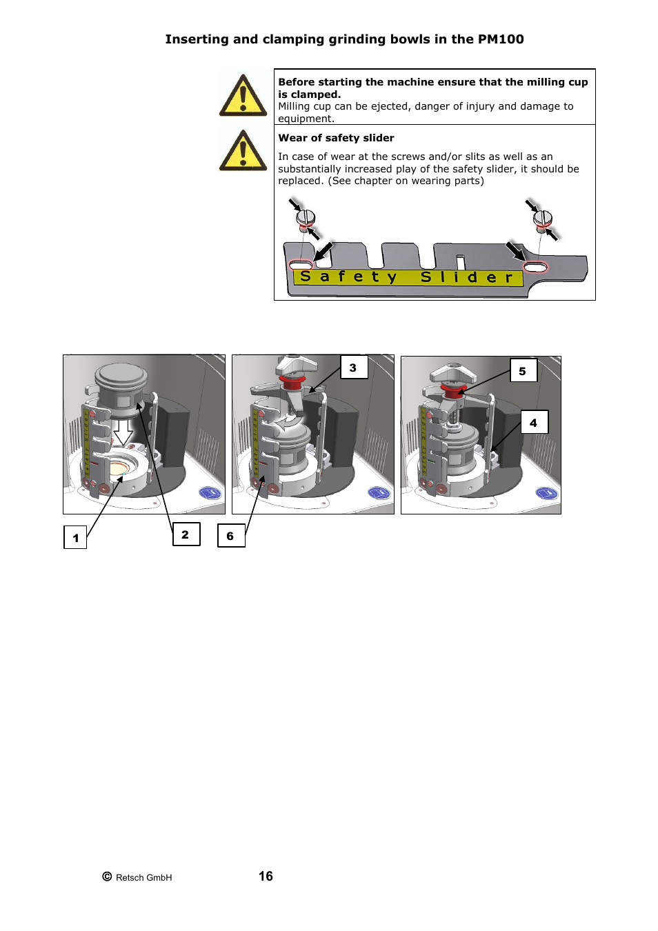 Inserting and clamping grinding bowls in the pm100 | Retsch PM 200 User Manual | Page 16 / 44