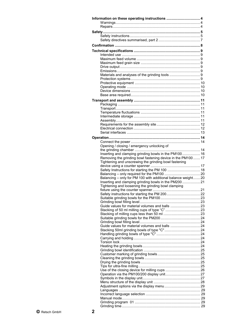 Retsch PM 200 User Manual | Page 2 / 44