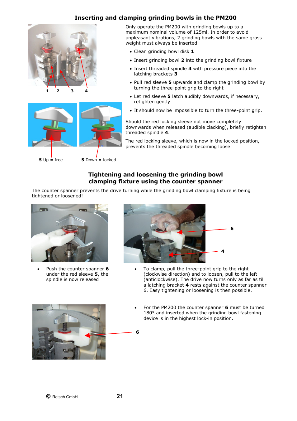 Inserting and clamping grinding bowls in the pm200 | Retsch PM 200 User Manual | Page 21 / 44