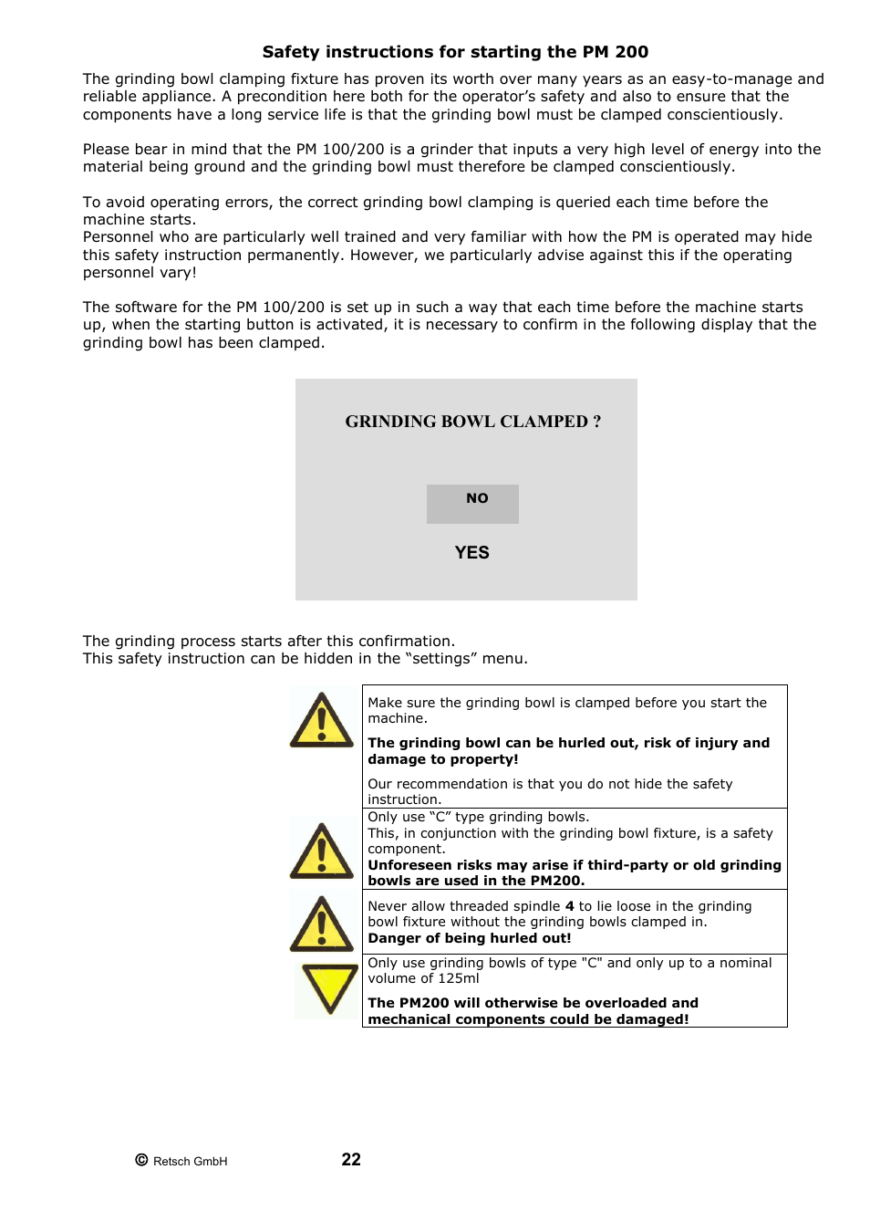 Safety instructions for starting the pm 200 | Retsch PM 200 User Manual | Page 22 / 44