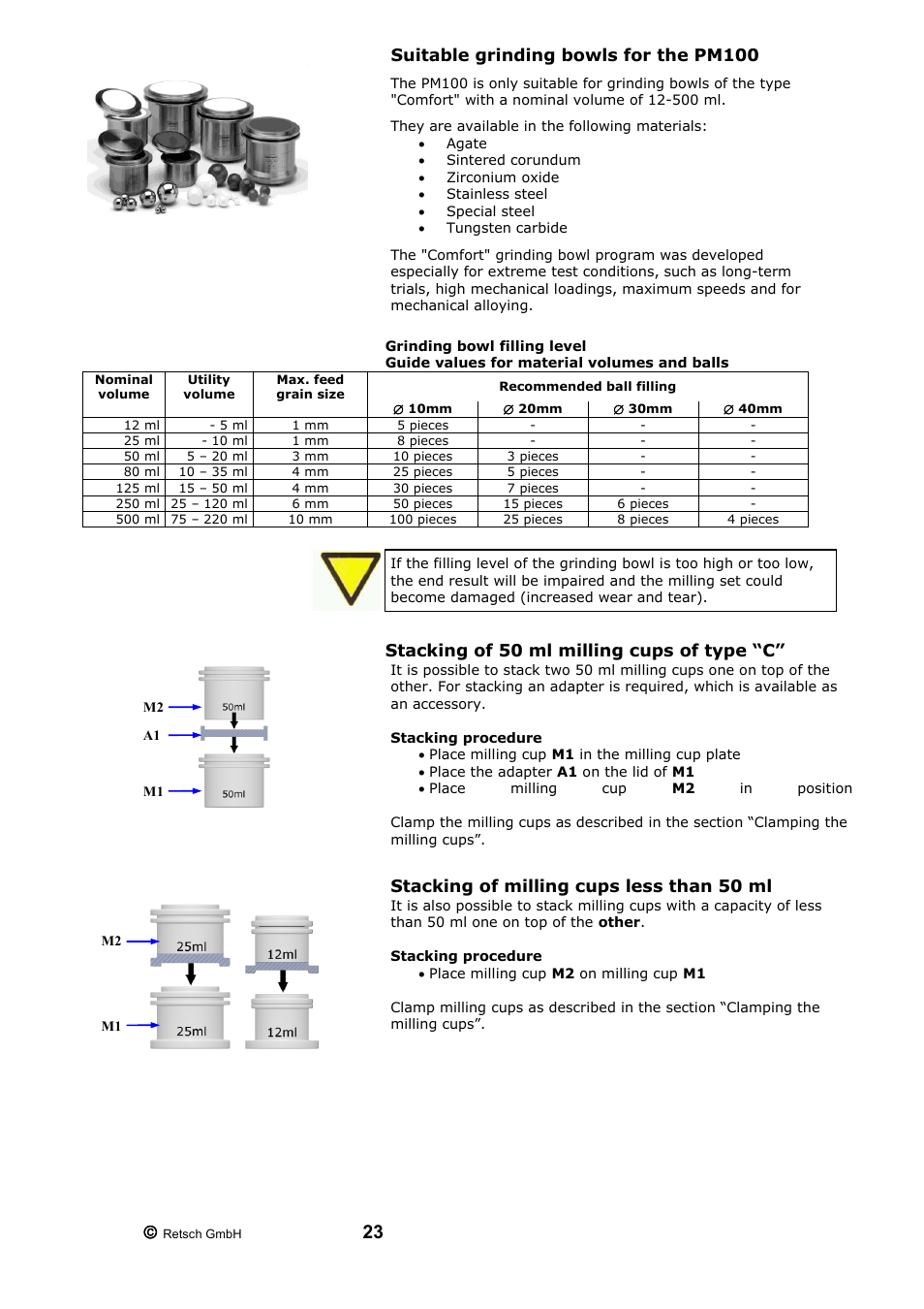 Suitable grinding bowls for the pm100, Grinding bowl filling level, Guide values for material volumes and balls | Stacking of 50 ml milling cups of type “c | Retsch PM 200 User Manual | Page 23 / 44