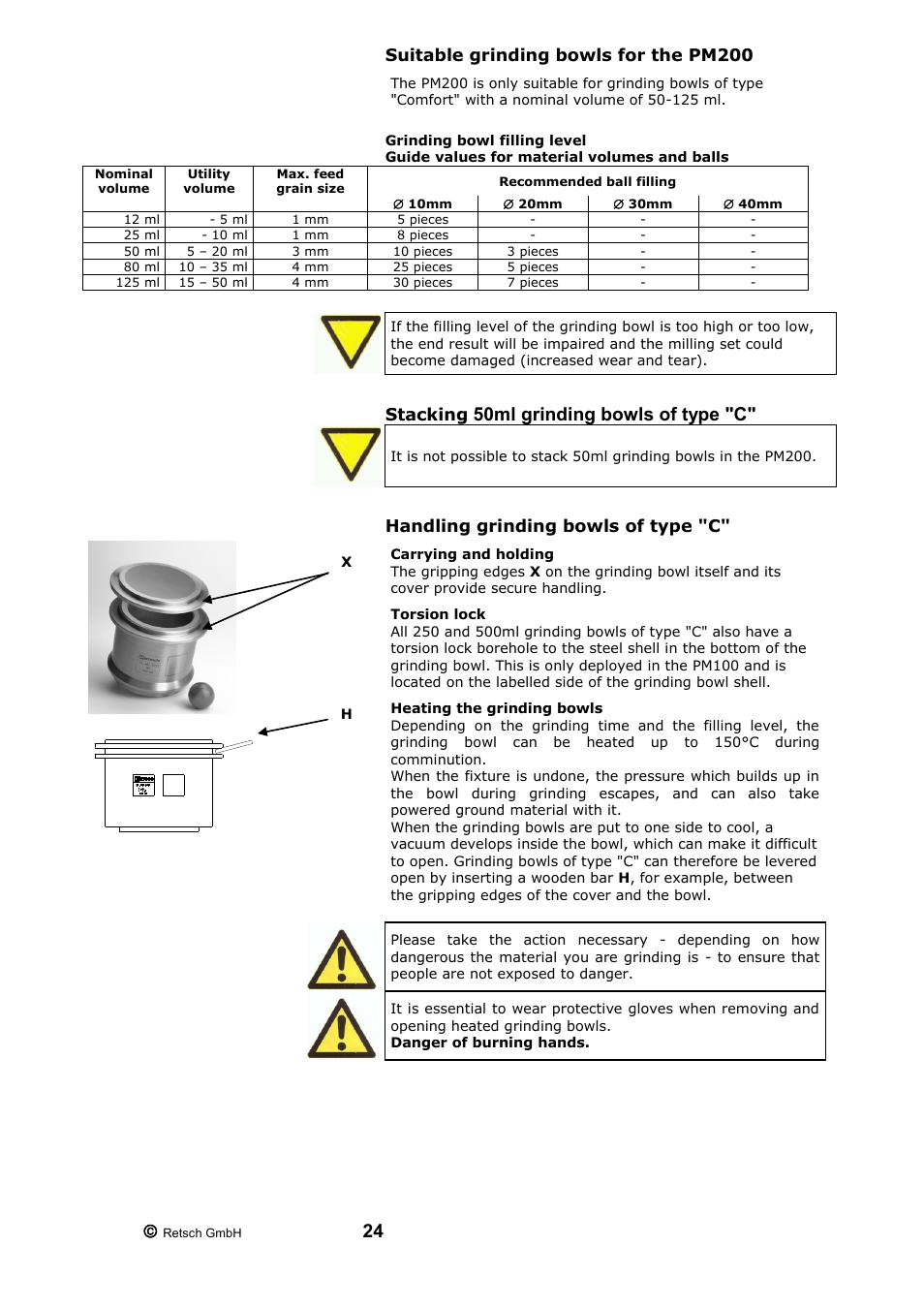 Suitable grinding bowls for the pm200, Grinding bowl filling level, Guide values for material volumes and balls | Stacking 50ml grinding bowls of type "c, Handling grinding bowls of type "c, 50ml grinding bowls of type "c | Retsch PM 200 User Manual | Page 24 / 44