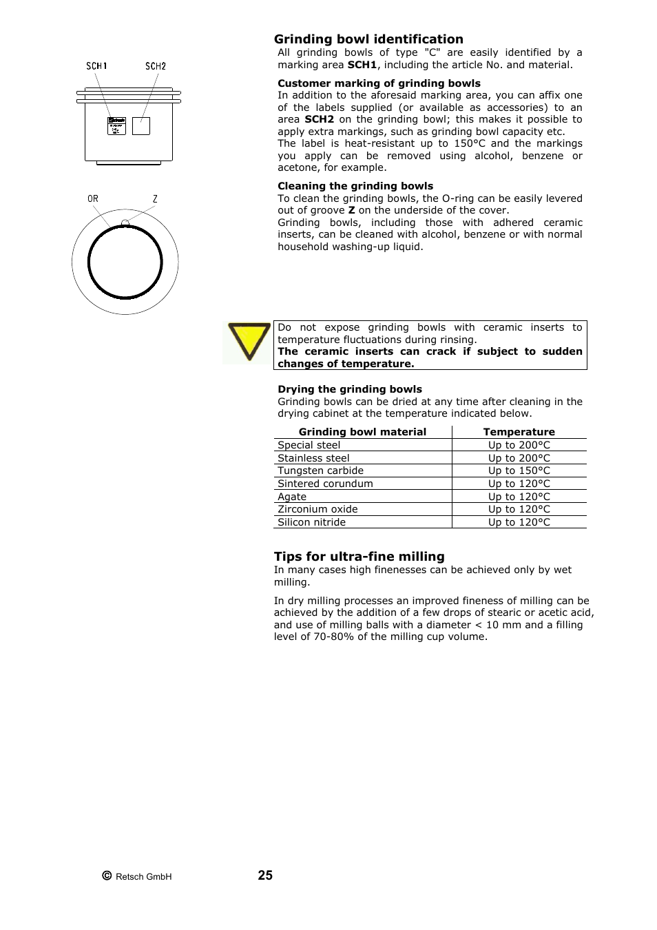 Grinding bowl identification, Tips for ultra-fine milling | Retsch PM 200 User Manual | Page 25 / 44