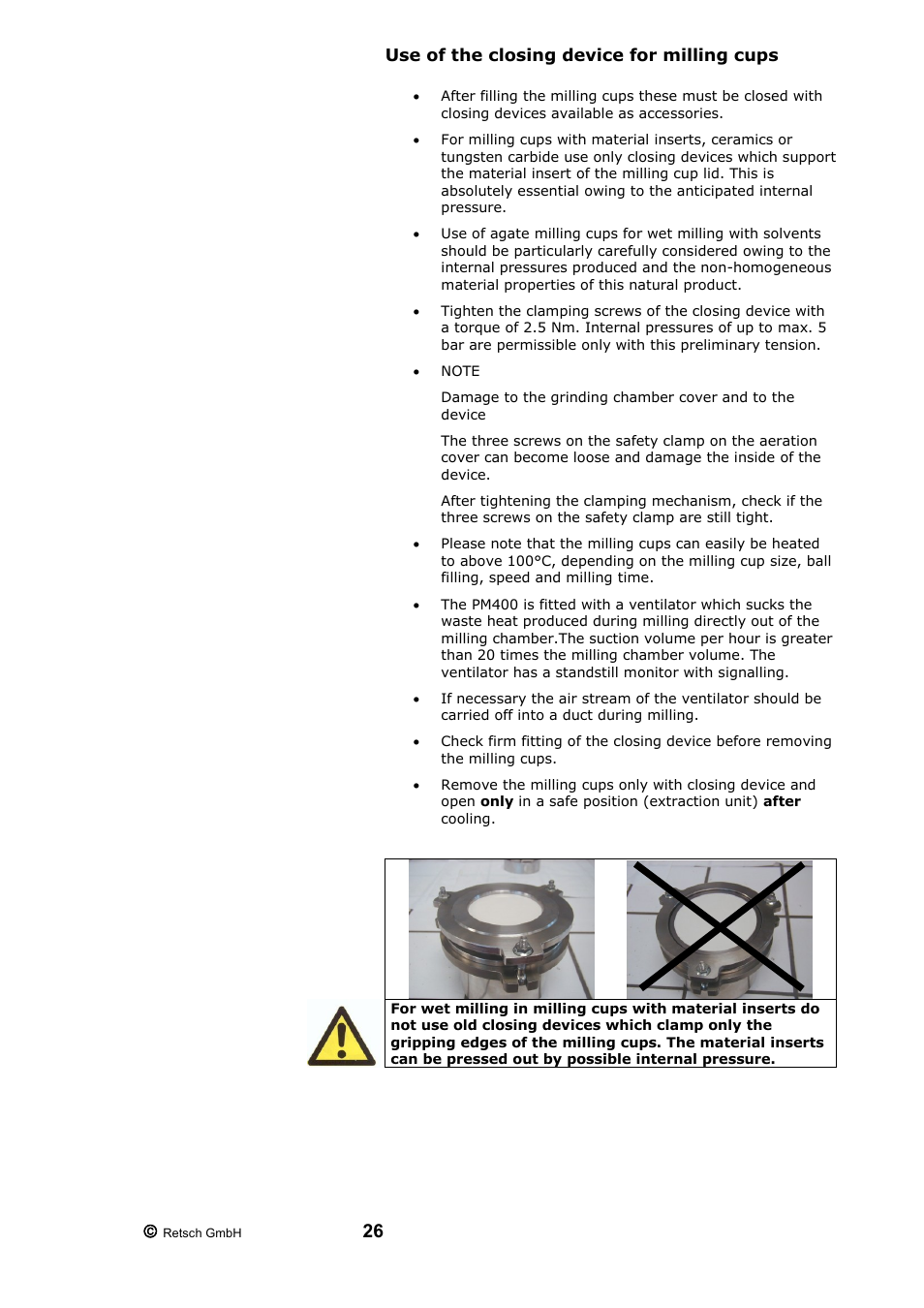 Use of the closing device for milling cups | Retsch PM 200 User Manual | Page 26 / 44