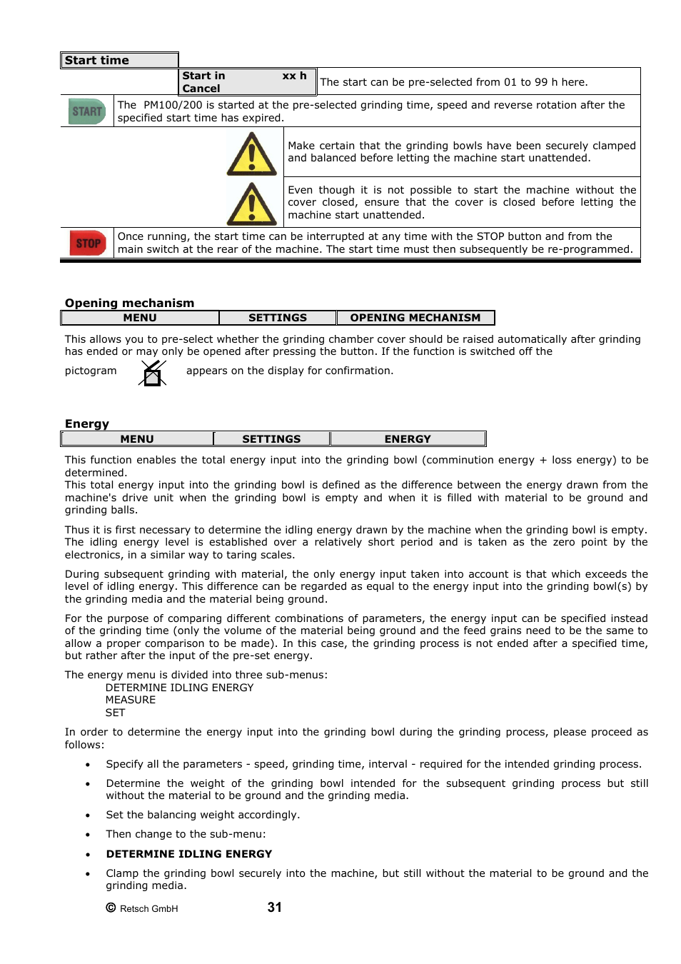 Start time opening mechanism energy | Retsch PM 200 User Manual | Page 31 / 44