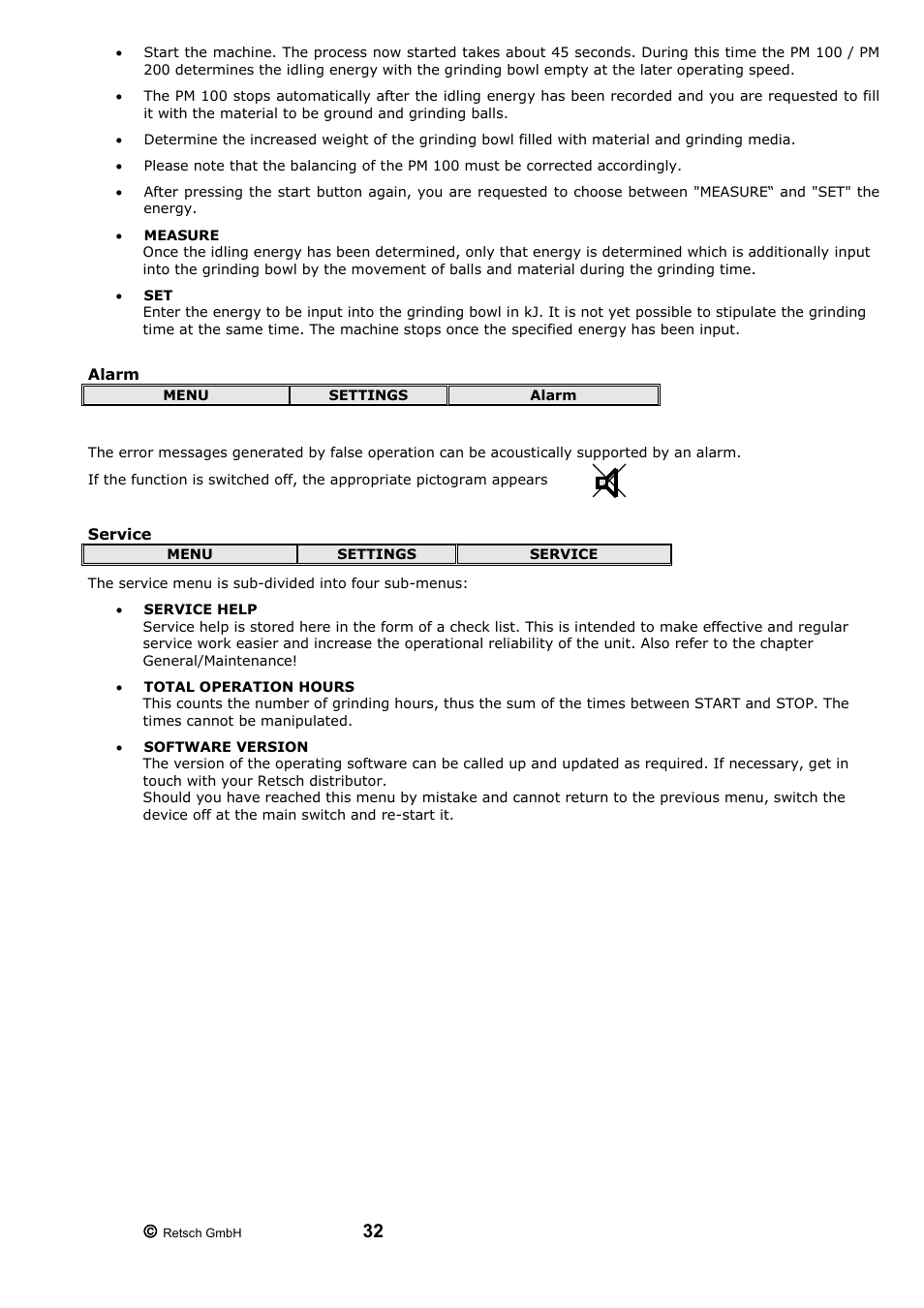 Alarm service | Retsch PM 200 User Manual | Page 32 / 44