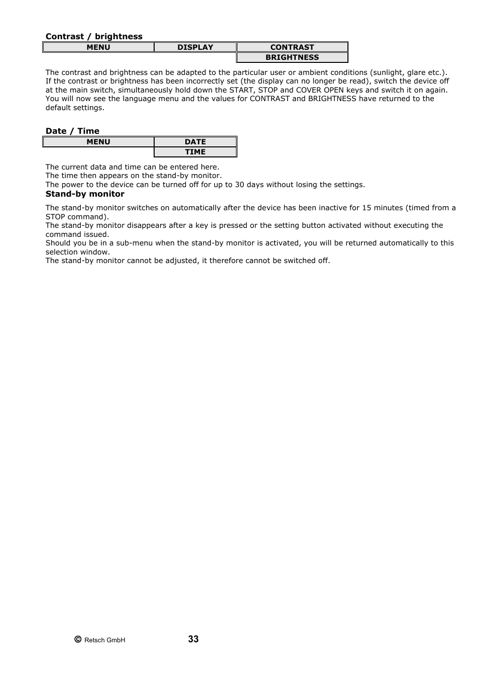 Stand-by monitor, Contrast / brightness date / time stand-by monitor | Retsch PM 200 User Manual | Page 33 / 44
