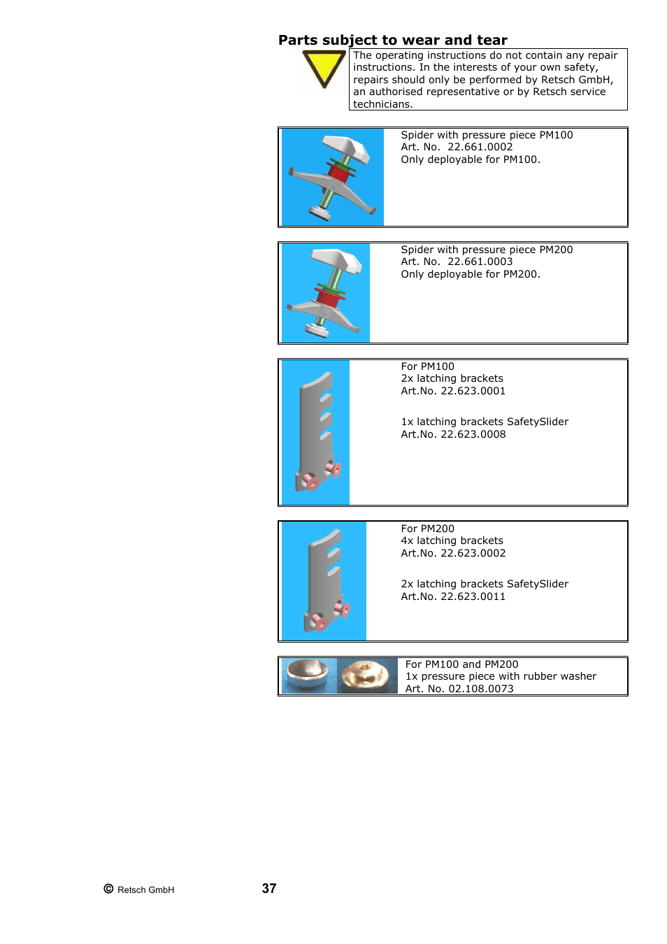 Parts subject to wear and tear | Retsch PM 200 User Manual | Page 37 / 44