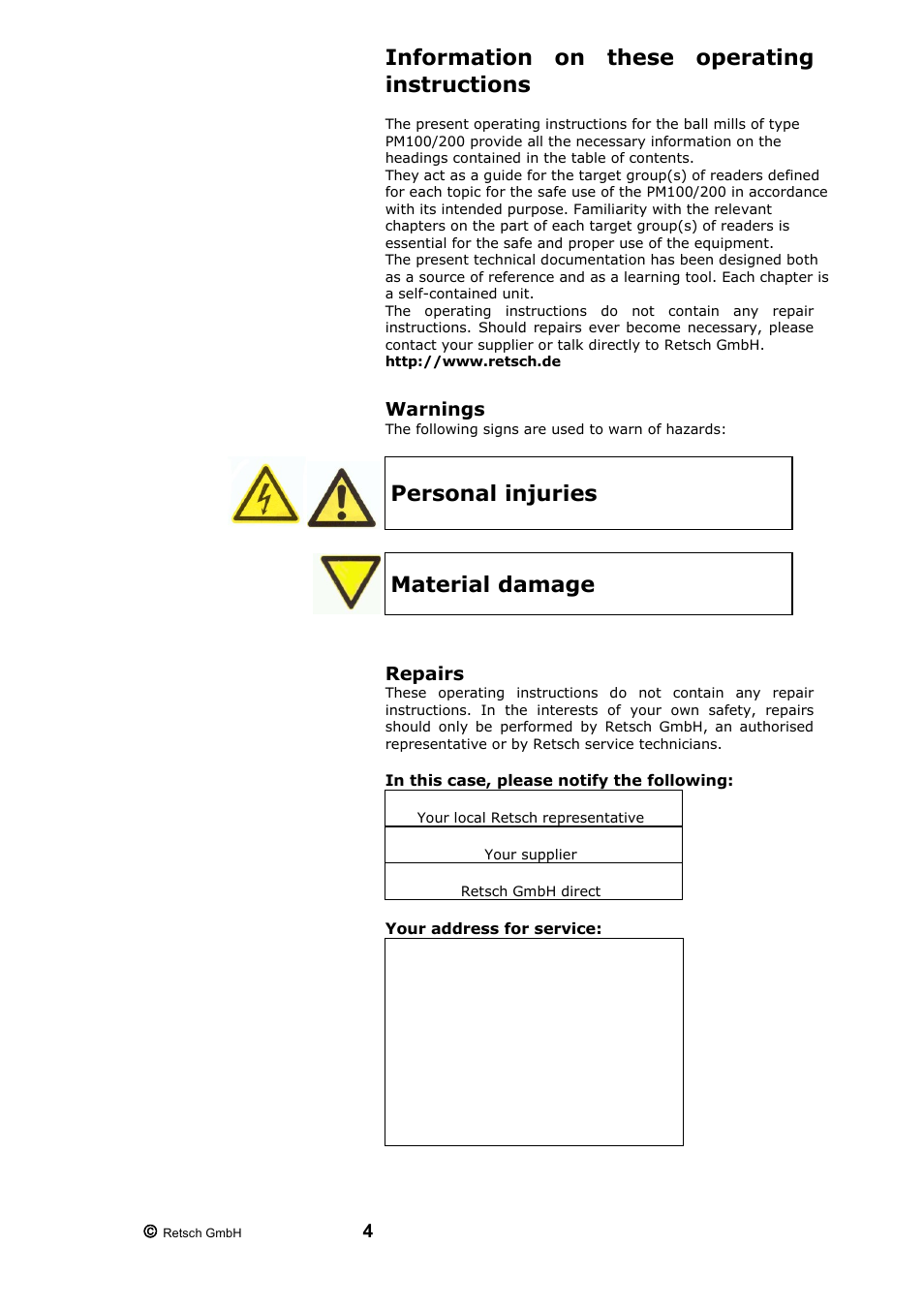 Information on these operating instructions, Warnings, Repairs | Warnings repairs, Personal injuries, Material damage | Retsch PM 200 User Manual | Page 4 / 44