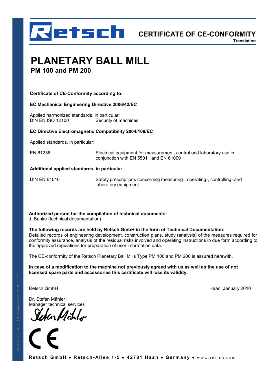 Planetary ball mill, Certificate of ce-conformity | Retsch PM 200 User Manual | Page 41 / 44