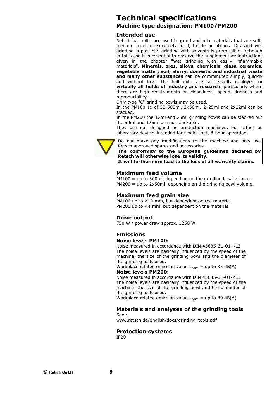 Technical specifications, Intended use, Maximum feed volume | Maximum feed grain size, Drive output, Emissions, Materials and analyses of the grinding tools, Protection systems | Retsch PM 200 User Manual | Page 9 / 44