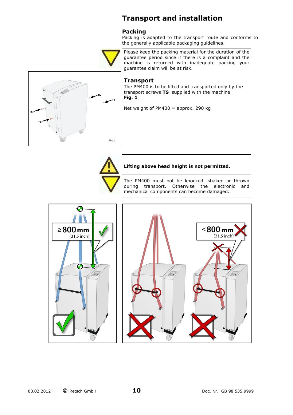 Transport and installation, Packing, Transport | Retsch PM 400 User Manual | Page 10 / 36