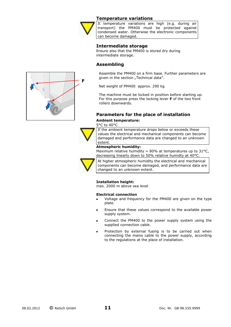 Temperature variations, Intermediate storage, Assembling | Parameters for the place of installation, Ambient temperature, Installation height | Retsch PM 400 User Manual | Page 11 / 36