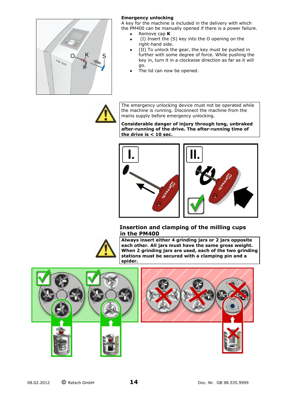 Emergency unlocking, Insertion and clamping of the milling cups | Retsch PM 400 User Manual | Page 14 / 36