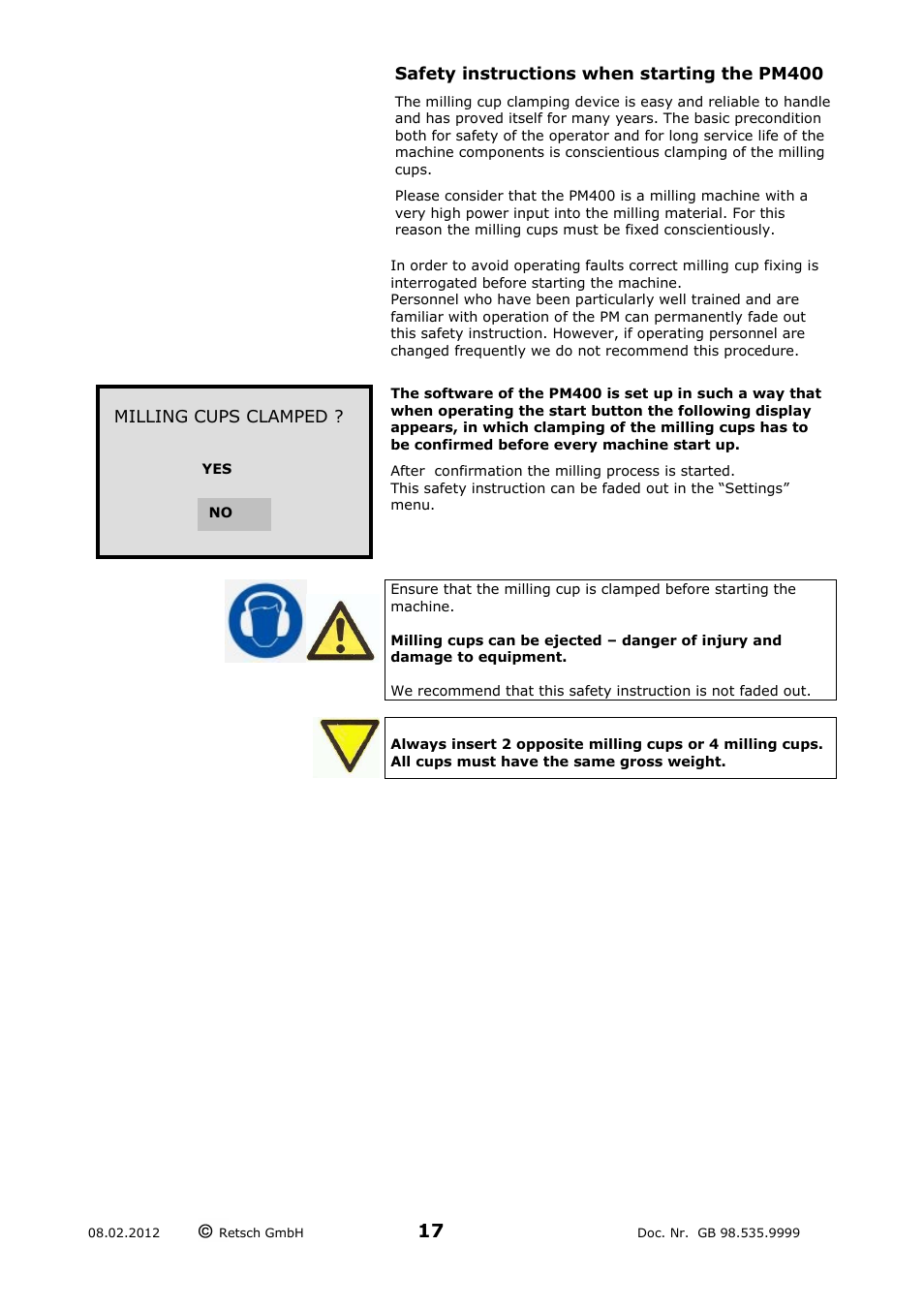 Safety instructions when starting the pm400 | Retsch PM 400 User Manual | Page 17 / 36