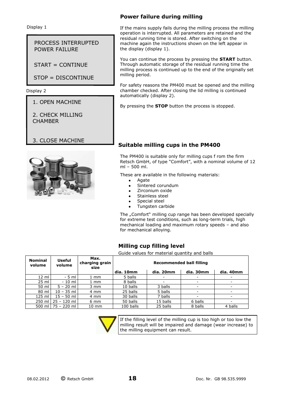 Power failure during milling, Suitable milling cups in the pm400, Milling cup filling level | Guide values for material quantity and balls | Retsch PM 400 User Manual | Page 18 / 36
