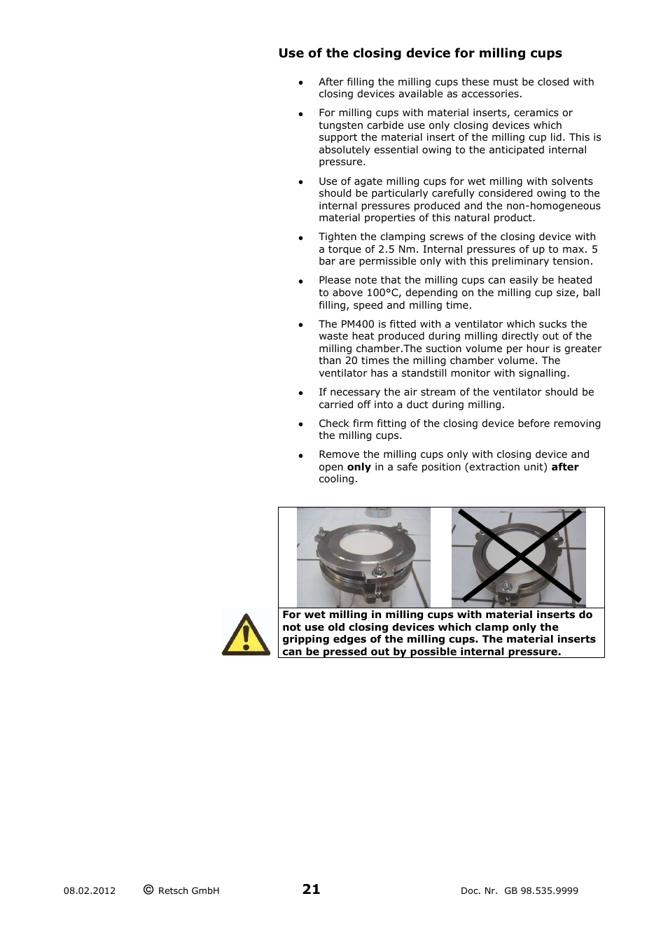 Use of the closing device for milling cups | Retsch PM 400 User Manual | Page 21 / 36