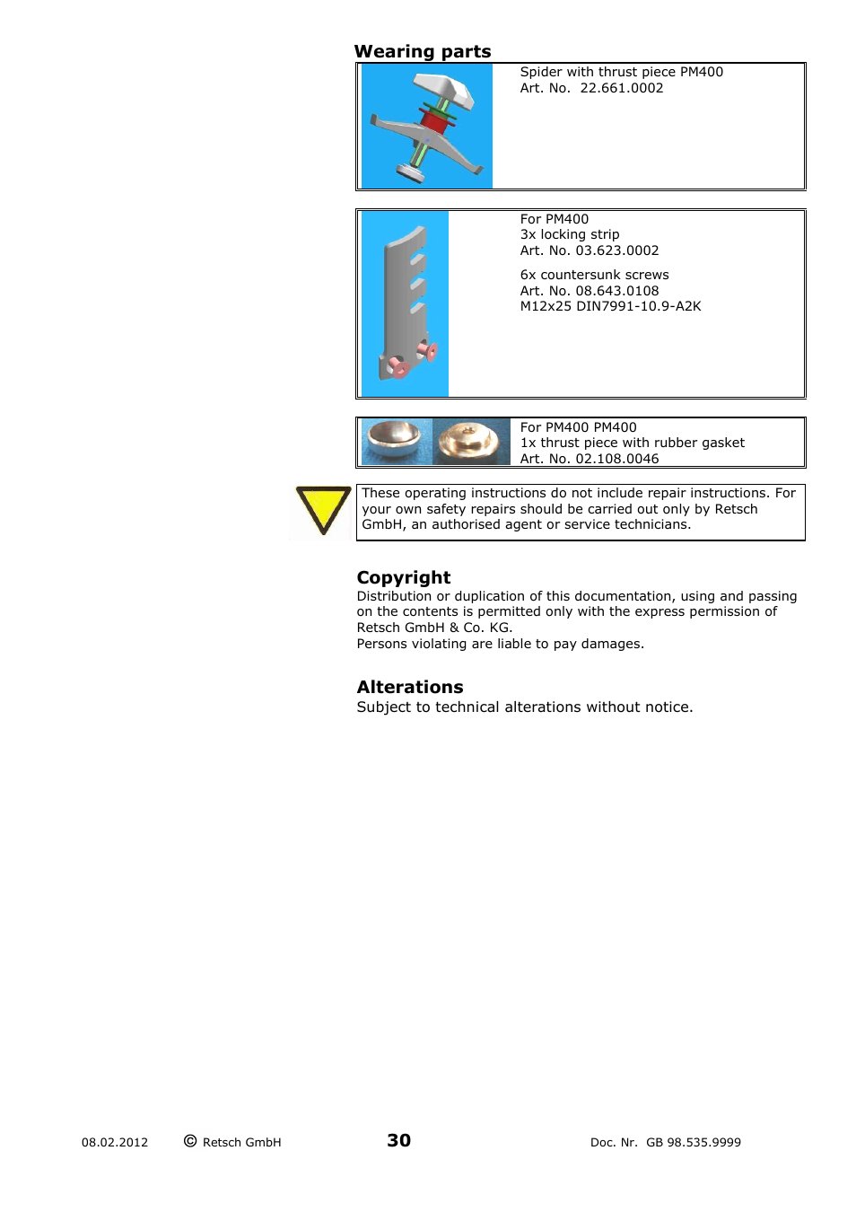 Wearing parts, Copyright, Alterations | Retsch PM 400 User Manual | Page 30 / 36