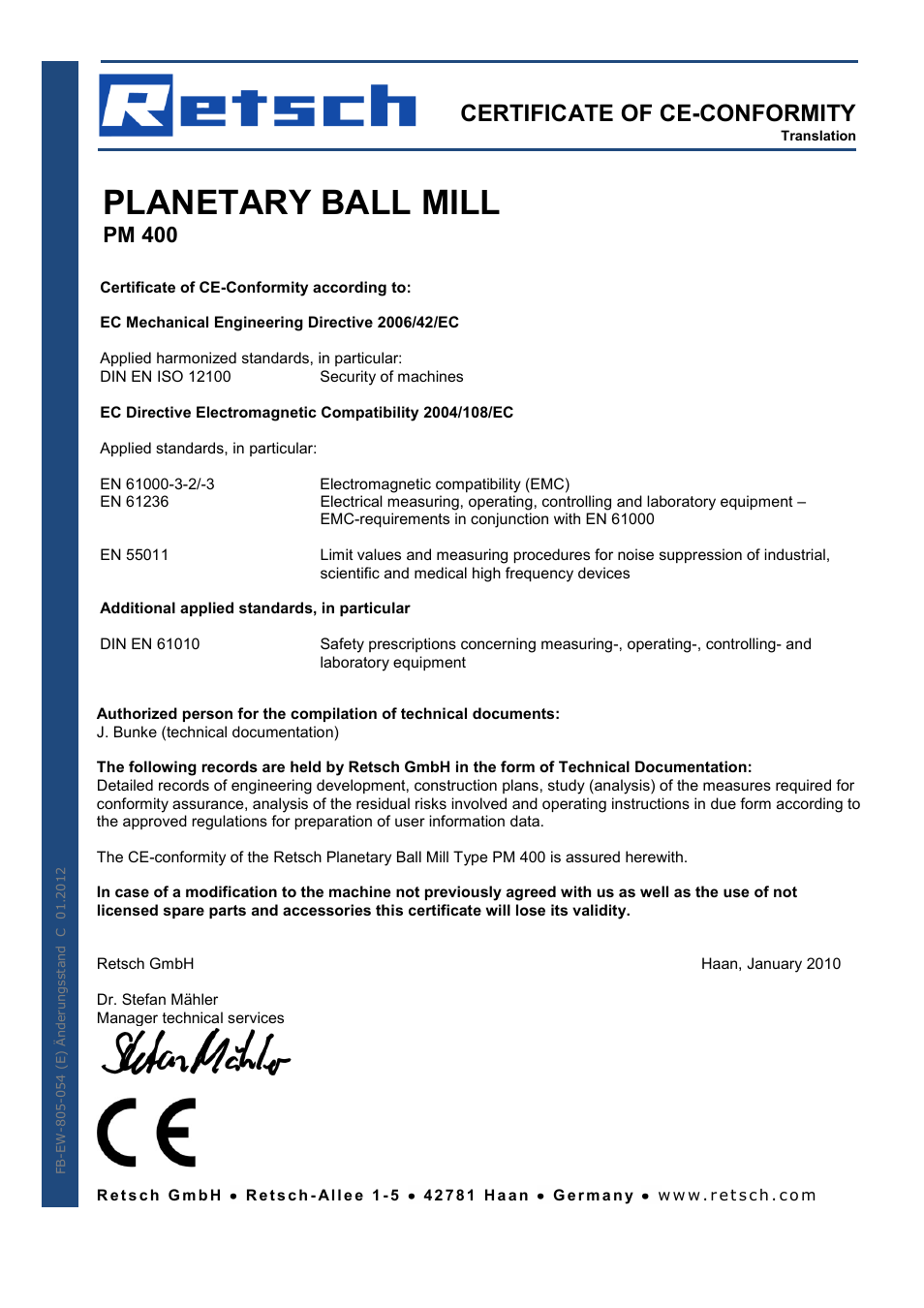 Planetary ball mill, Certificate of ce-conformity, Pm 400 | Retsch PM 400 User Manual | Page 33 / 36