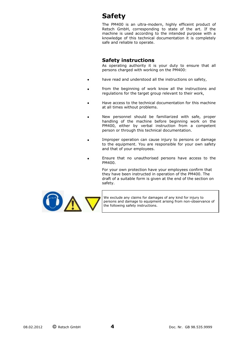 Safety, Safety instructions | Retsch PM 400 User Manual | Page 4 / 36