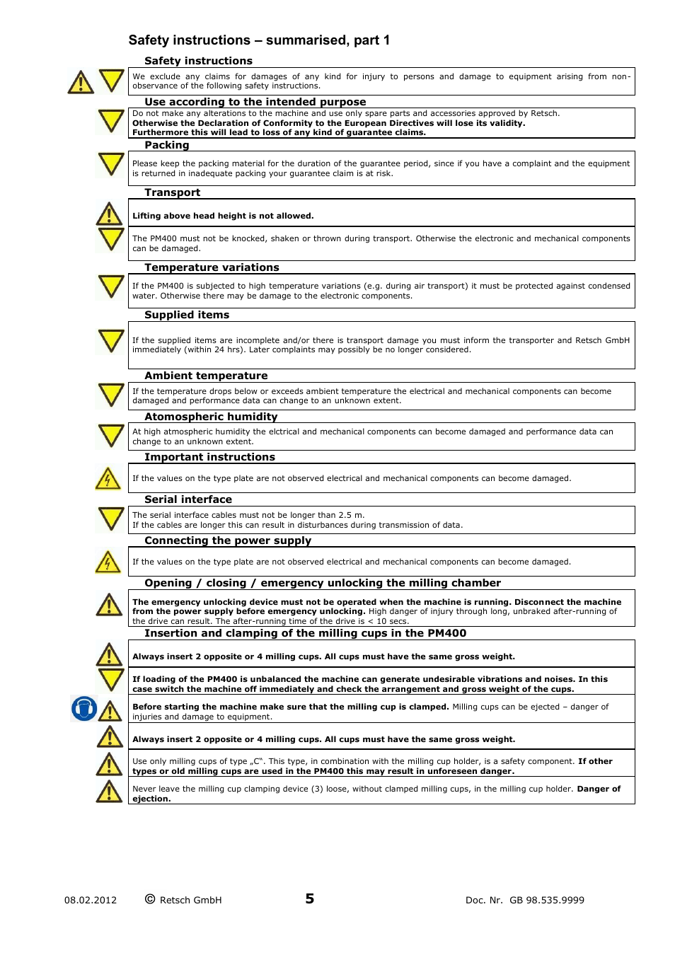 Safety instructions – summarised, part 1 | Retsch PM 400 User Manual | Page 5 / 36