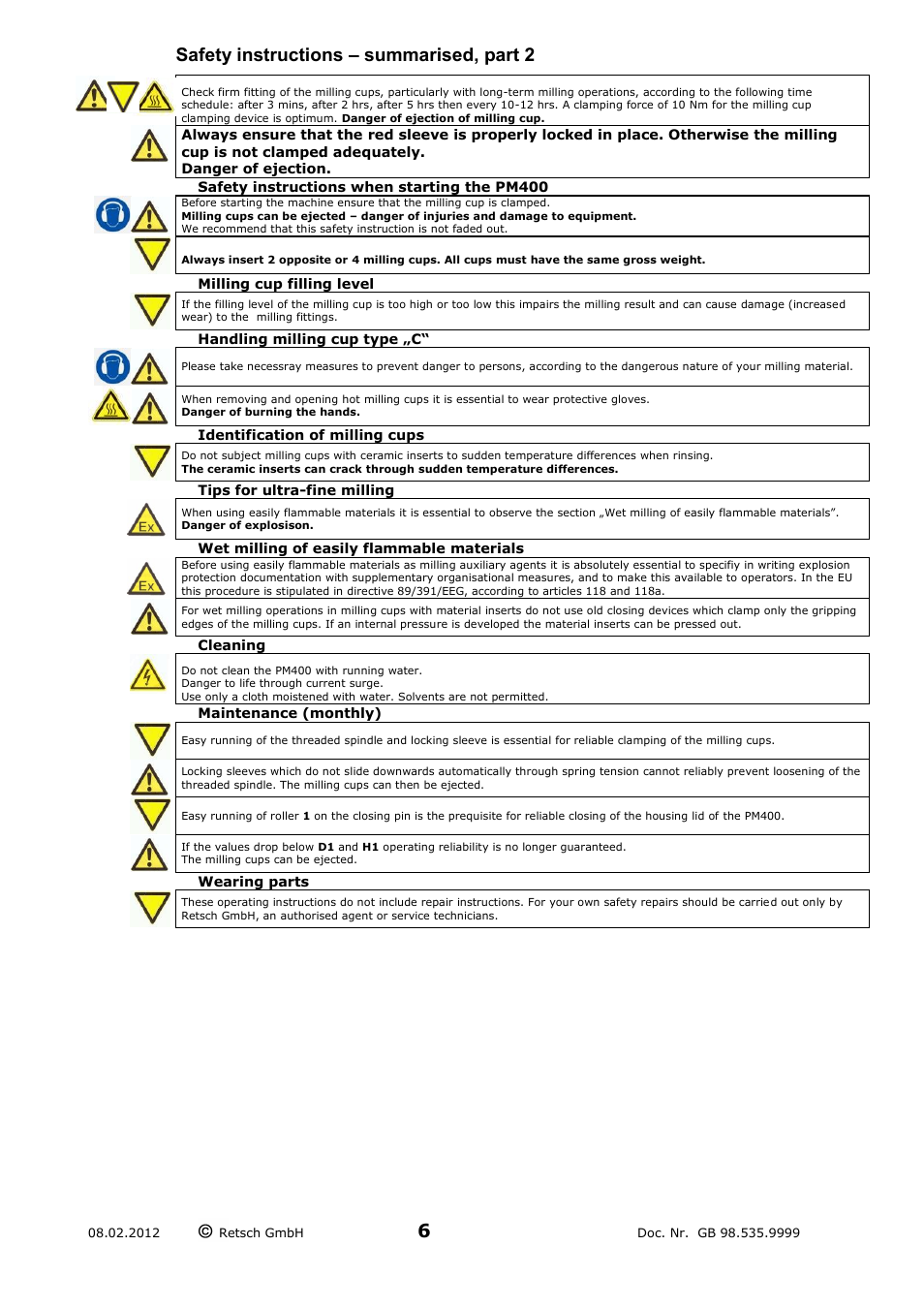 Safety instructions – summarised, part 2 | Retsch PM 400 User Manual | Page 6 / 36