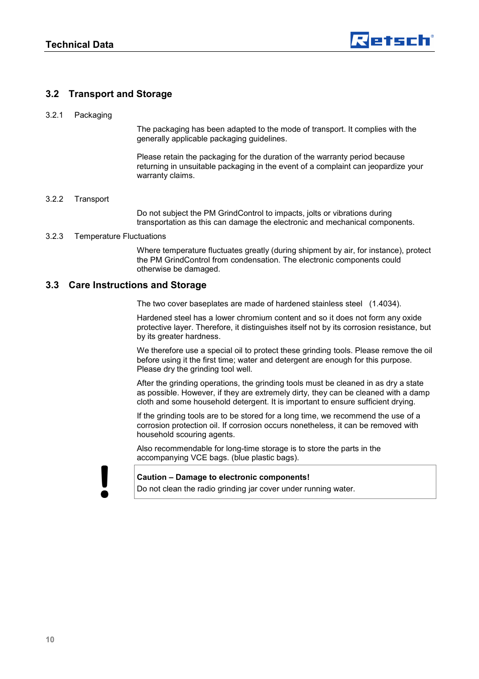 Technical data, 2 transport and storage, 3 care instructions and storage | Retsch PM GrindControl User Manual | Page 10 / 48