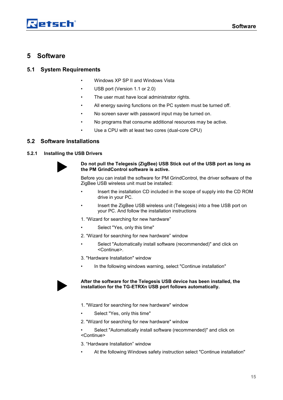 5 software, Software, 1 system requirements | 2 software installations | Retsch PM GrindControl User Manual | Page 15 / 48