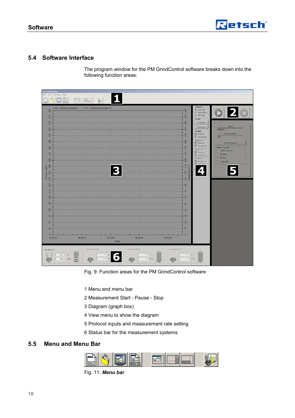Software, 4 software interface, 5 menu and menu bar | Retsch PM GrindControl User Manual | Page 18 / 48