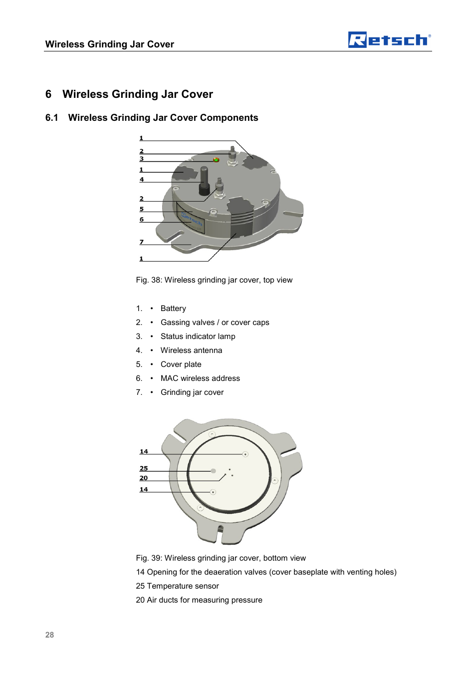 6 wireless grinding jar cover, Wireless grinding jar cover, 1 wireless grinding jar cover components | Retsch PM GrindControl User Manual | Page 28 / 48