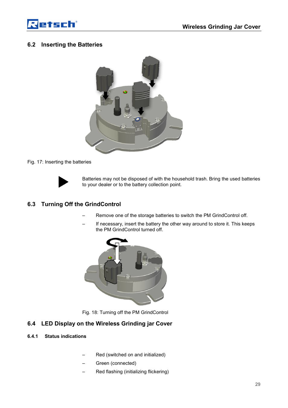 Wireless grinding jar cover, 2 inserting the batteries, 3 turning off the grindcontrol | 4 led display on the wireless grinding jar cover | Retsch PM GrindControl User Manual | Page 29 / 48