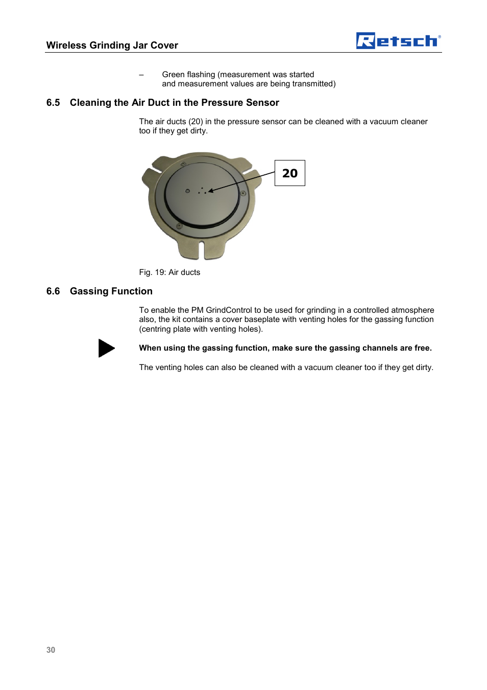 Wireless grinding jar cover, 5 cleaning the air duct in the pressure sensor, 6 gassing function | Retsch PM GrindControl User Manual | Page 30 / 48
