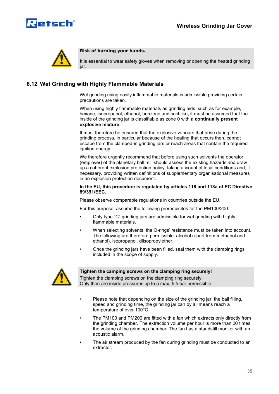 Wireless grinding jar cover, 12 wet grinding with highly flammable materials | Retsch PM GrindControl User Manual | Page 35 / 48