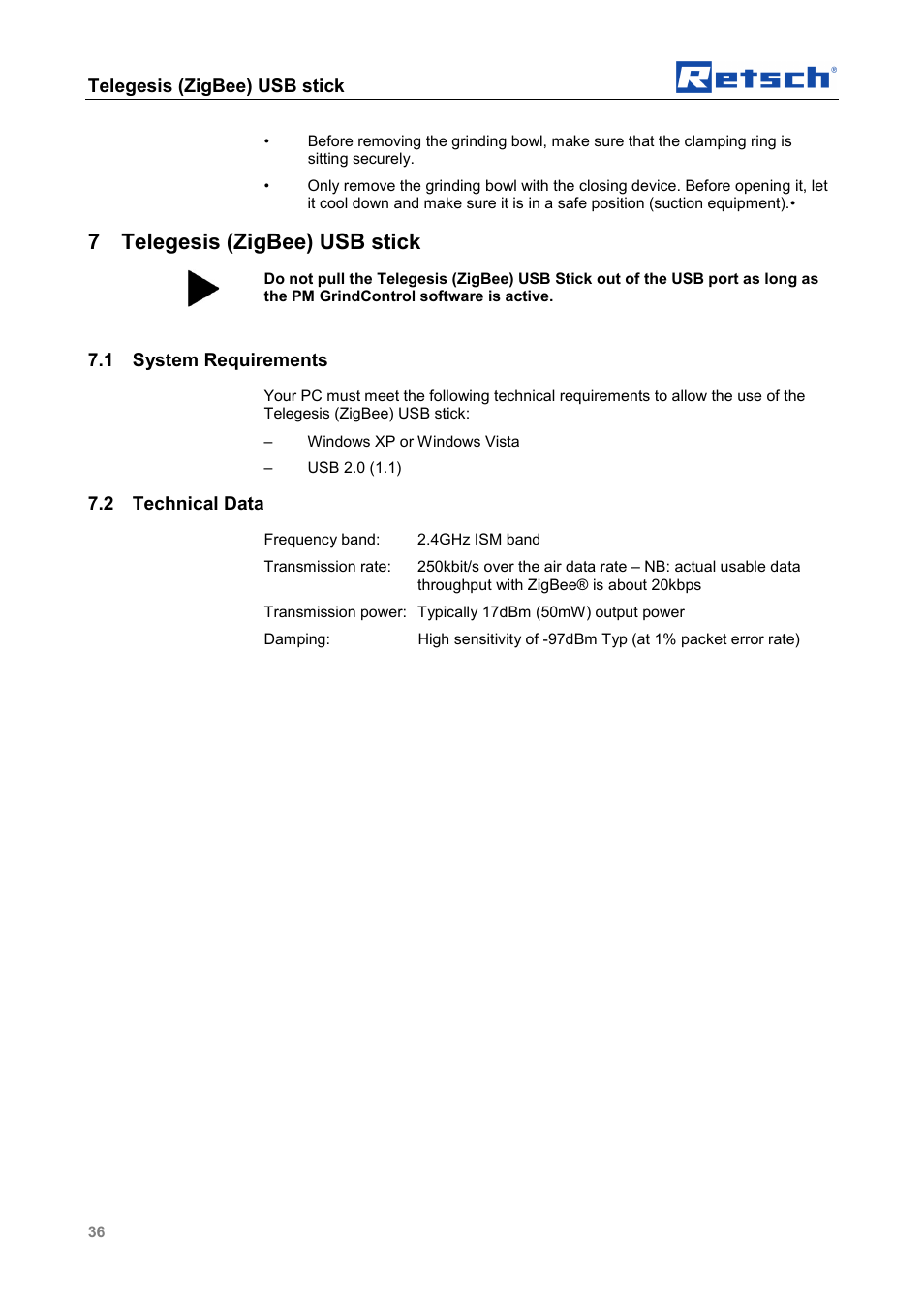 7 telegesis (zigbee) usb stick, Telegesis (zigbee) usb stick, 1 system requirements | 2 technical data | Retsch PM GrindControl User Manual | Page 36 / 48