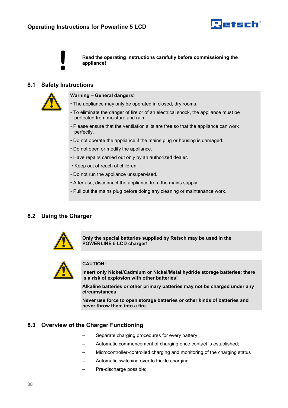 Operating instructions for powerline 5 lcd, 1 safety instructions, 2 using the charger | 3 overview of the charger functioning | Retsch PM GrindControl User Manual | Page 38 / 48