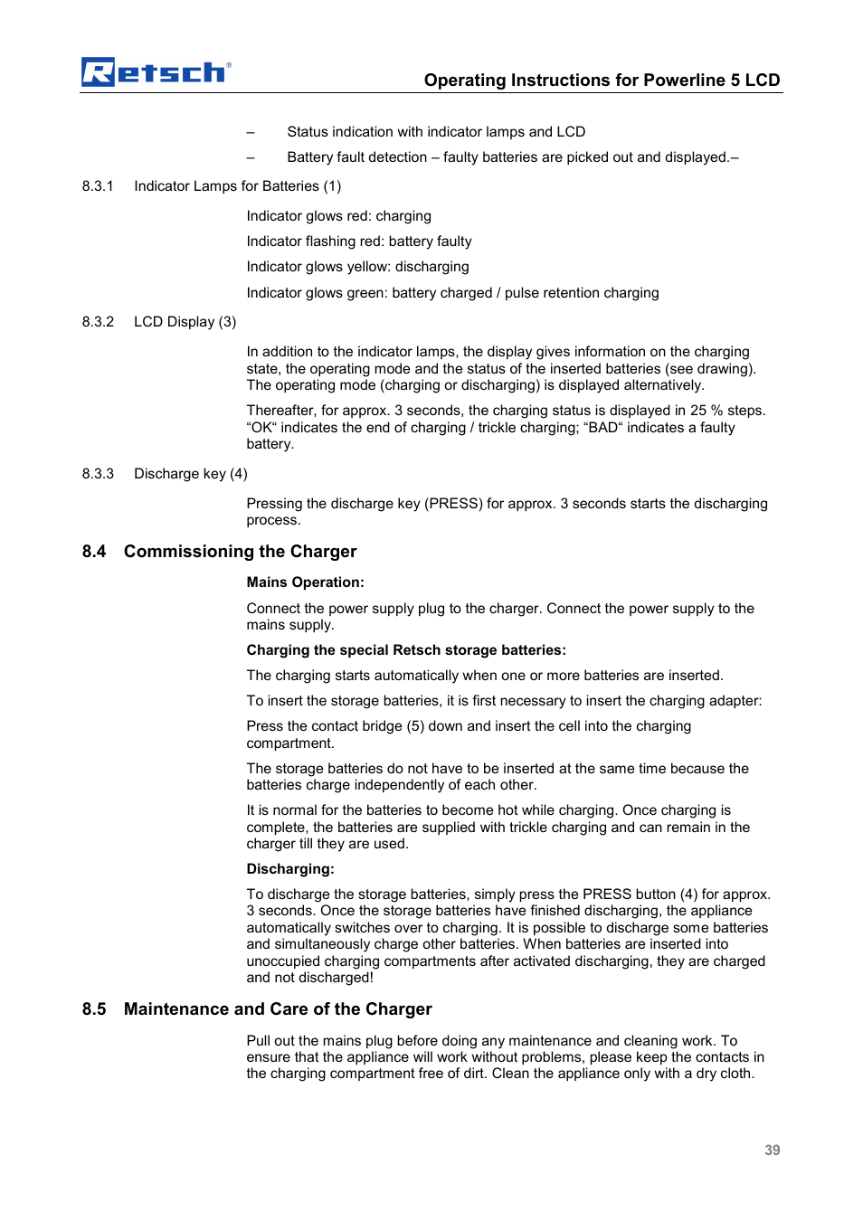 Operating instructions for powerline 5 lcd, 4 commissioning the charger, 5 maintenance and care of the charger | Retsch PM GrindControl User Manual | Page 39 / 48