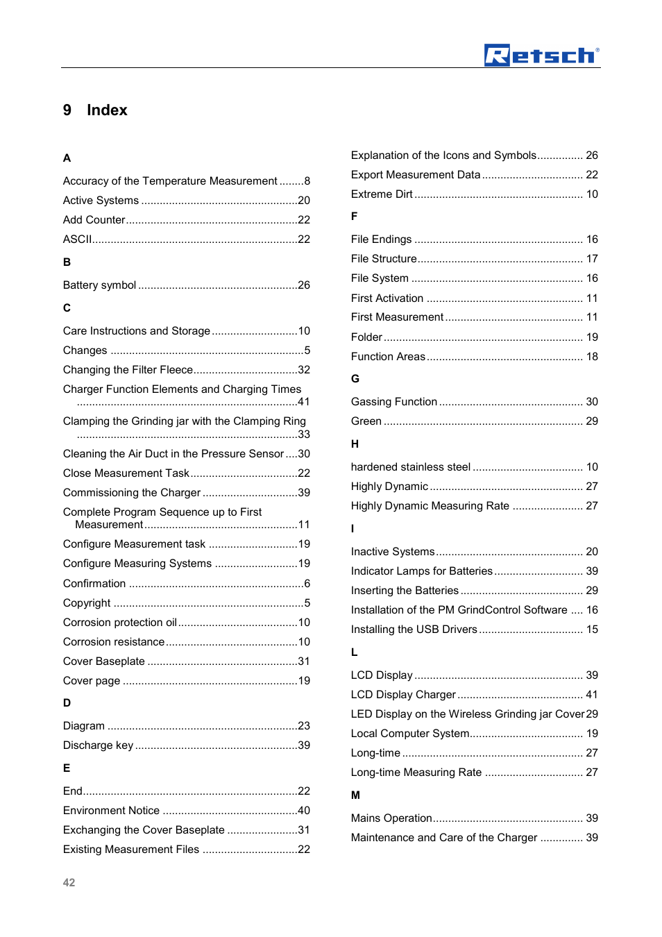 9 index | Retsch PM GrindControl User Manual | Page 42 / 48