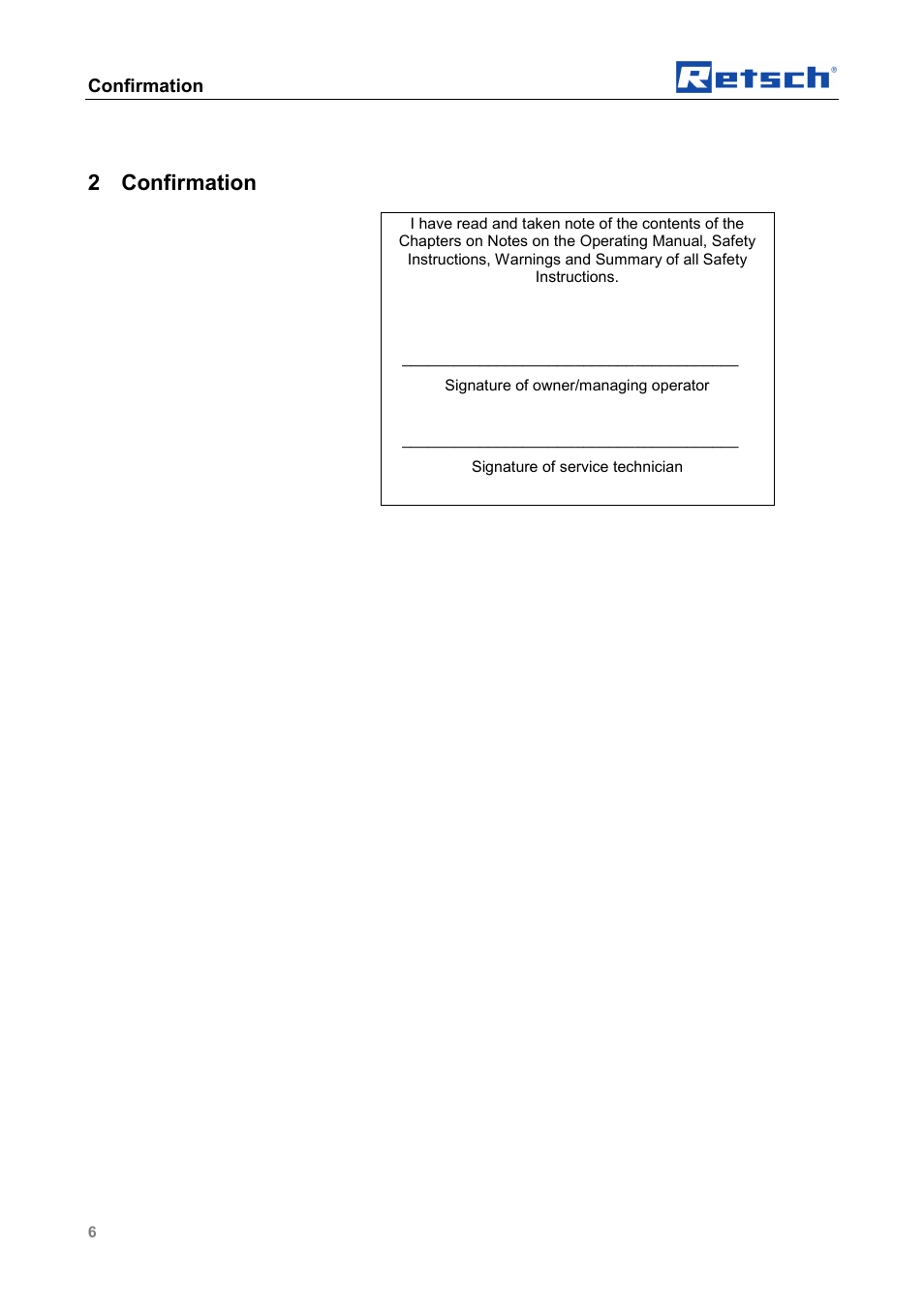 2 confirmation, Confirmation | Retsch PM GrindControl User Manual | Page 6 / 48