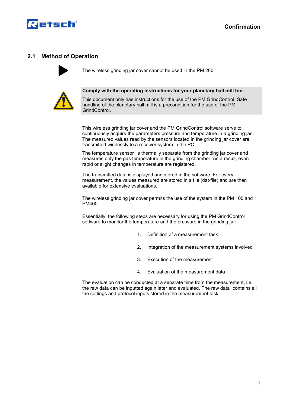 Confirmation, 1 method of operation | Retsch PM GrindControl User Manual | Page 7 / 48