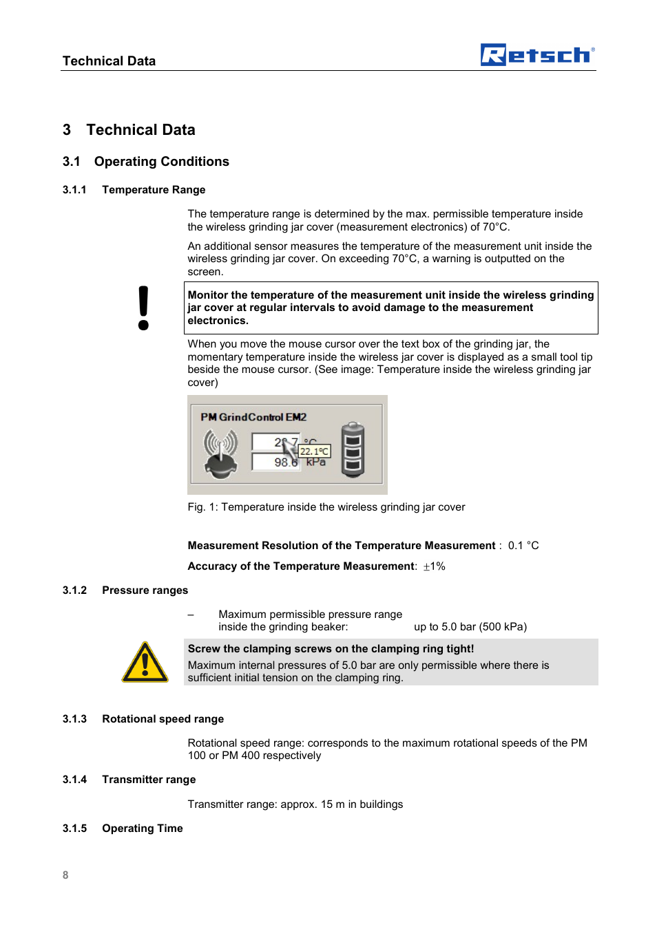 3 technical data, Technical data, 1 operating conditions | Retsch PM GrindControl User Manual | Page 8 / 48
