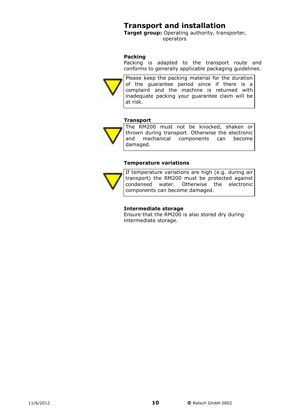 Transport and installation, Packing, Transport | Intermediate storage | Retsch RM 200 User Manual | Page 10 / 36