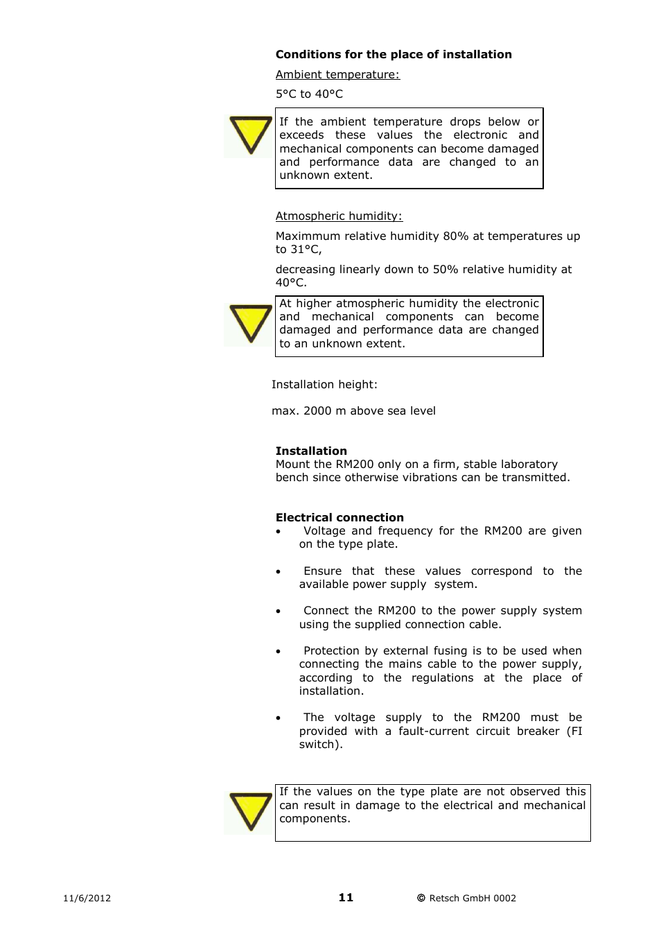 Conditions for the place of installation, Installation, Electrical connection | Retsch RM 200 User Manual | Page 11 / 36