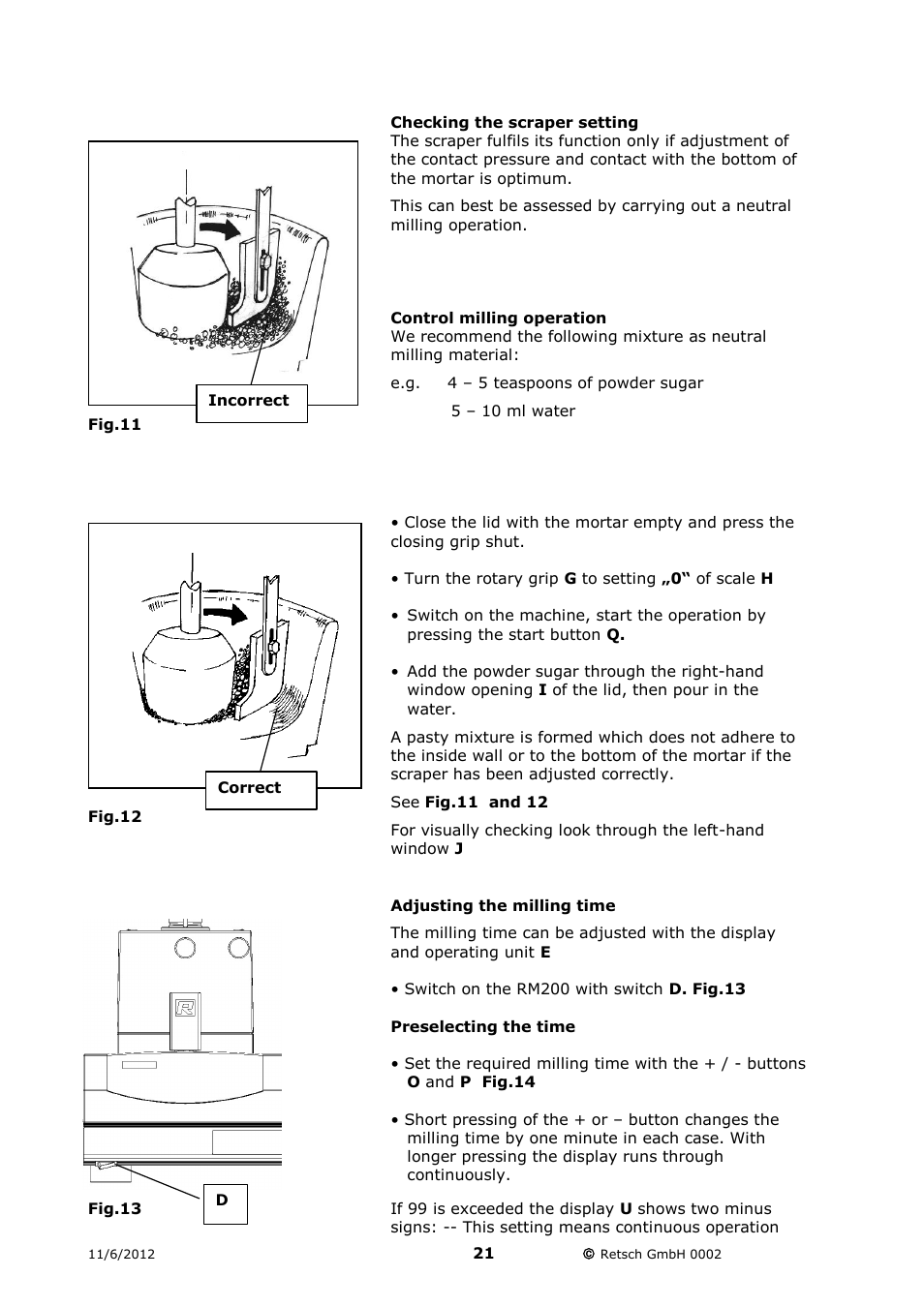 Checking the scraper setting, Control milling operation, Adjusting the milling time | Retsch RM 200 User Manual | Page 21 / 36