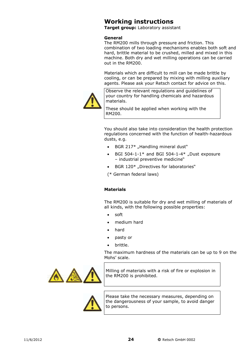 Working instructions, General, Materials | Retsch RM 200 User Manual | Page 24 / 36