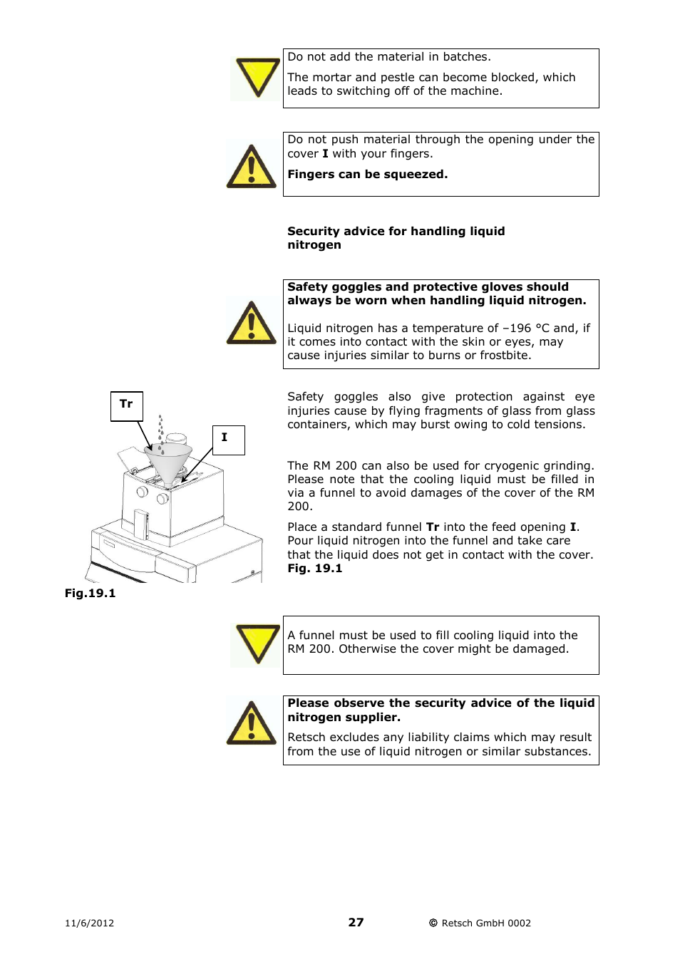 Security advice for handling liquid nitrogen | Retsch RM 200 User Manual | Page 27 / 36