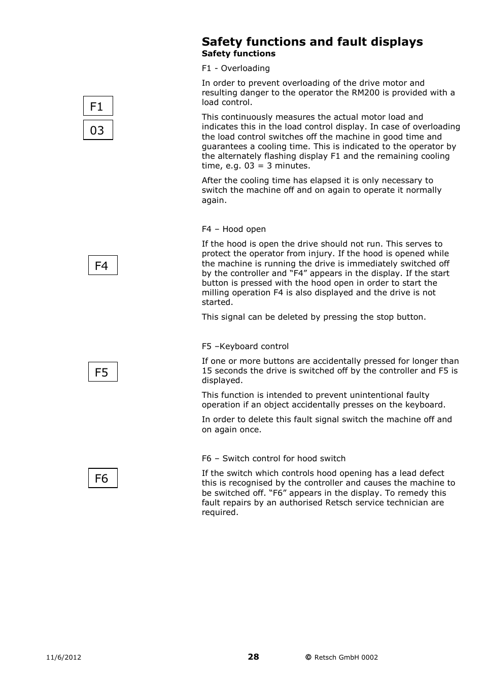Safety functions and fault displays, Safety functions | Retsch RM 200 User Manual | Page 28 / 36