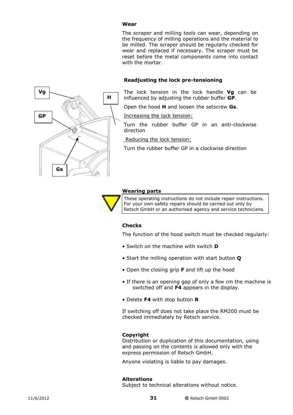 Wear, Readjusting the lock pre-tensioning, Wearing parts | Checks, Copyright, Alterations | Retsch RM 200 User Manual | Page 31 / 36