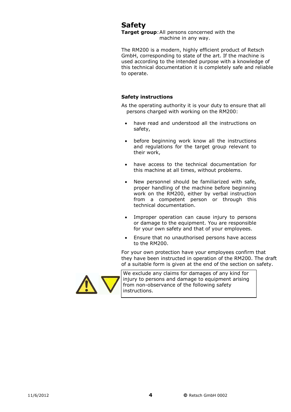 Safety, Safety instructions | Retsch RM 200 User Manual | Page 4 / 36